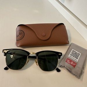 Ray-Ban Clubmaster Black and Gold Sunglasses. With Brown Case and Duster Kit.
